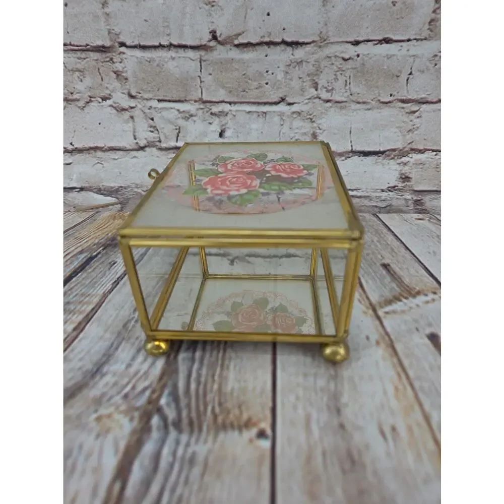 Vintage Roses Glass and Brass Jewelry Trinket Box
